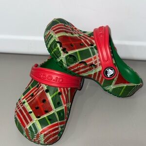 CROCS Red and Green Water Shoes Festive Plaid Design